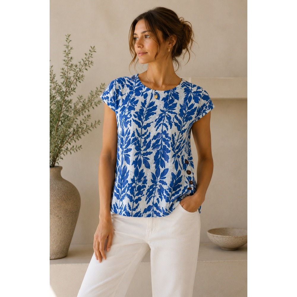 Rachel Zoe Linen Tropical Leaf Print Top Blue Coastal Resort Medium